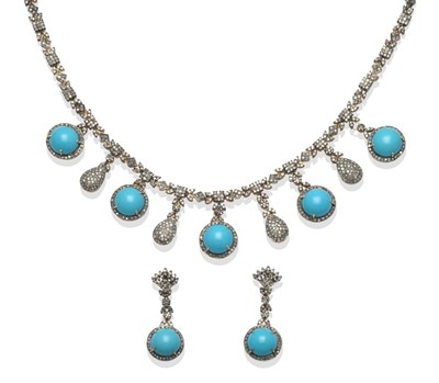 Lot 256 - A Turquoise and Diamond Fringe Necklace, old cut style diamonds in claw settings, with round...