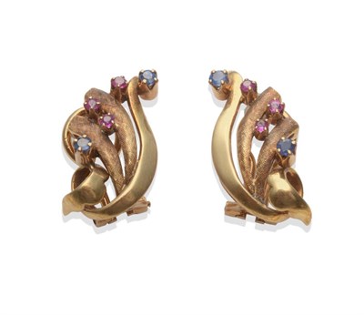 Lot 267 - A Pair of Pink and Blue Sapphire Earrings, the yellow part polished, part textured spray forms,...