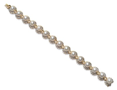 Lot 273 - A Cultured Pearl and Diamond Bracelet, the cultured pearls within borders of round brilliant...