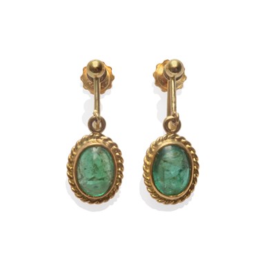 Lot 280 - A Pair of Emerald Earrings, a cabochon emerald in a yellow rubbed over rope twist setting, with...