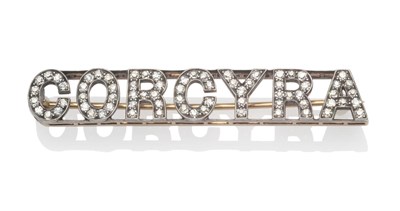 Lot 281 - An Early 20th Century Diamond Brooch, "Corcyra ", the name Corcyra picked out in old cut...