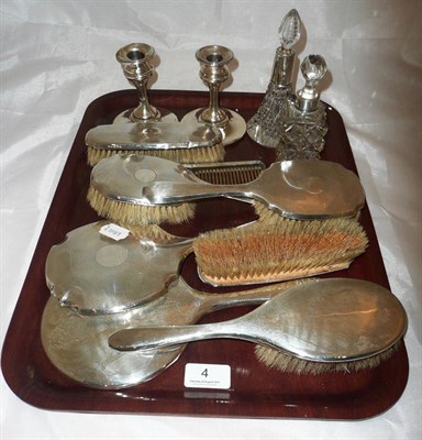 Lot 4 - Silver-backed dressing table items, scent bottles and candlesticks