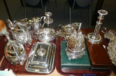 Lot 13 - Two trays of silver plate including three cased sets of flatware and a two-handled tea tray