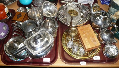 Lot 34 - Silver condiments, thimble and assorted plated wares, brassware, decorative pottery bowl with...