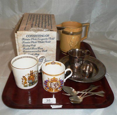 Lot 35 - Six silver teaspoons, white metal christening set and three commemorative items