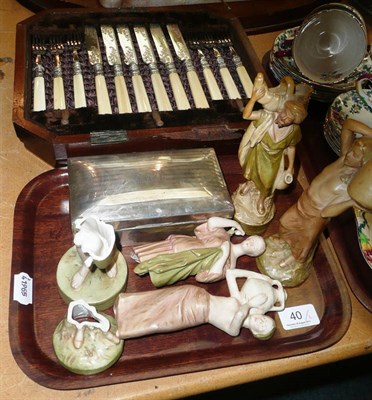 Lot 40 - Two pairs of Royal Dux figures (a.f.), set of fish knives and a silver cigarette box