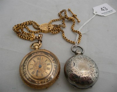 Lot 43 - An Edwardian silver sovereign holder, Chester 1903 and a Continental 14ct gold fob watch with...