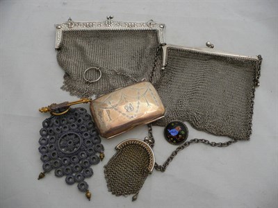 Lot 45 - Two silver reticules, a silver gilt purse, a butterfly wing brooch and a crochet purse