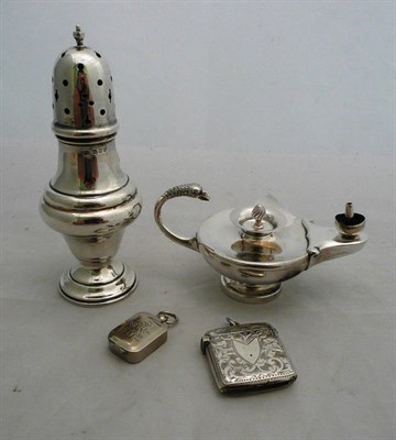 Lot 61 - A silver vesta, a seal box, a caster and a lighter, approx 8oz