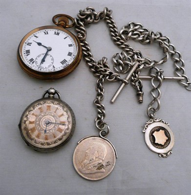 Lot 62 - Two silver watch chains, a silver pocket watch and a gold plated pocket watch