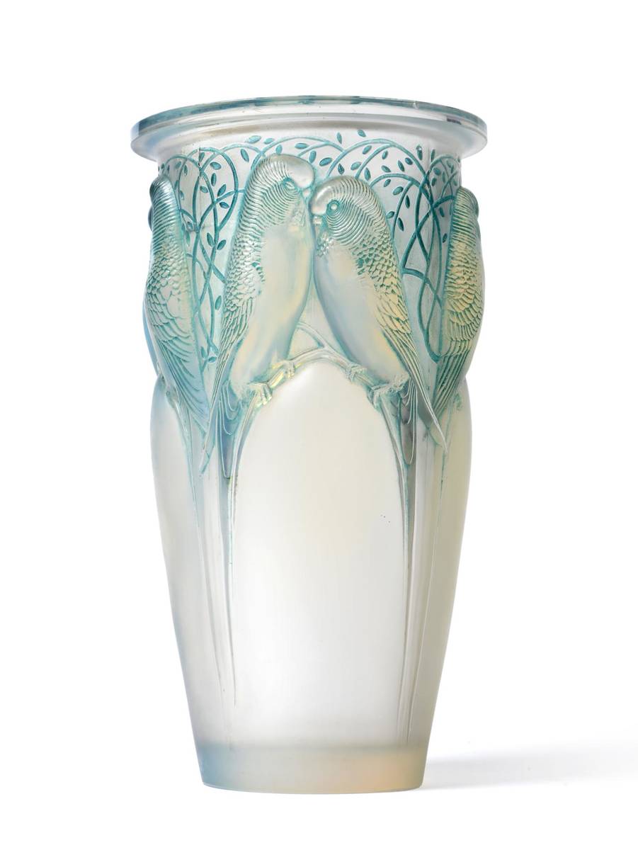 Lot 530 - A René Lalique Ceylan No.905 Opalescent, Stained and Frosted Glass Vase, of tapering...