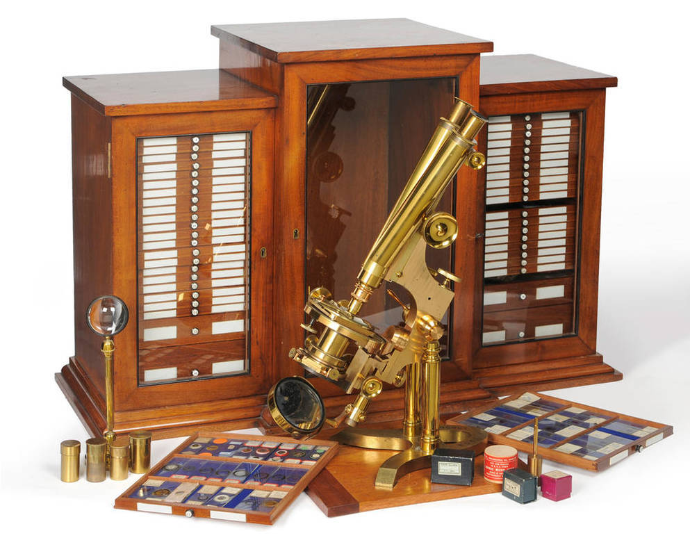 Lot 1017 - A Fine 19th Century Mahogany Microscope Cabinet with Ross Binocular Microscope, the breakfront...