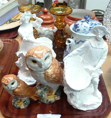 Lot 5 - Two Beswick owls, pair of amber glass candlesticks, Kutani jar and cover, Kutani vase, squirrel...