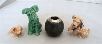 Lot 10 - Silver mounted marble match strike and three Sylvac dogs