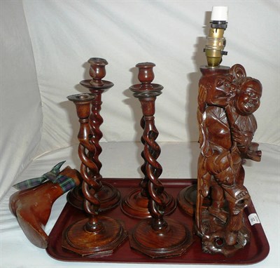 Lot 20 - Two pairs of turned candlesticks, turned oak table lamp, carved Chinese figural table lamp and...