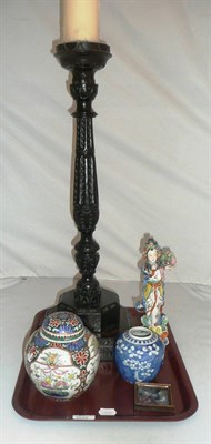 Lot 27 - Carved oak candlestick, miniature painting and three Oriental items of porcelain