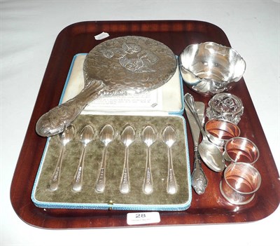Lot 28 - Cased set of six silver teaspoon, three silver napkin rings, silver backed mirror, silver ring...