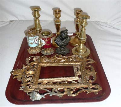 Lot 30 - Two pairs of brass candlesticks, two gilt metal photograph frames, table lighter etc
