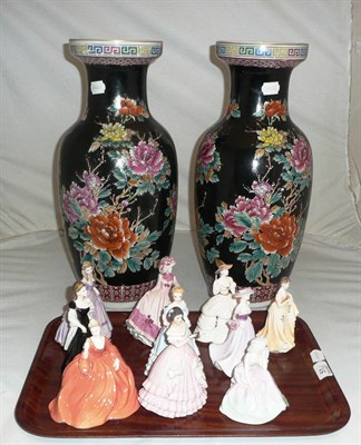 Lot 51 - Ten Coalport figurines and a pair of chinese vases