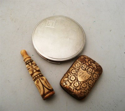 Lot 59 - Silver compact, carved bone seal and vesta
