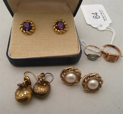 Lot 64 - A pair of cultured pearl earrings, a pair of amethyst earrings, a 9ct gold signet ring, a turquoise