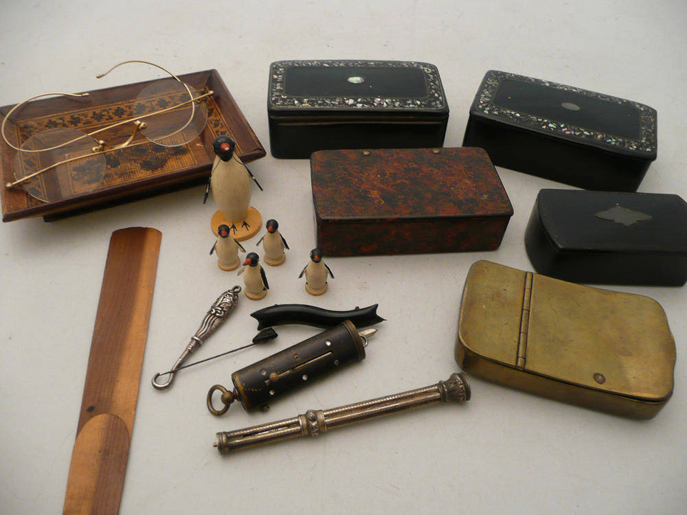 Lot 78 - Miniature penguins, glove hooks, brooches and a Tunbridgeware card tray together with four...