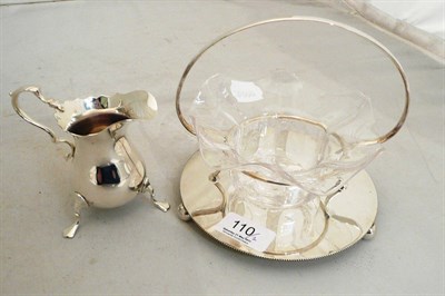 Lot 110 - Silver cream jug and plated stand with glass dish