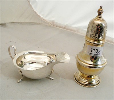 Lot 113 - Silver caster and sauce boat, 9oz