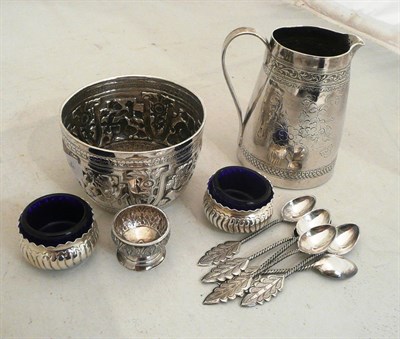 Lot 114 - Malaysian white metal embossed bowl, jug, salt, spoons and two Chester salts