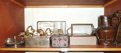 Lot 133 - Riveted jug, a wrought iron bound box, silver plated cigarette box (worn) etc