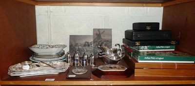 Lot 135 - Two pot lids, silver plated cutlery, plated sauce boats etc