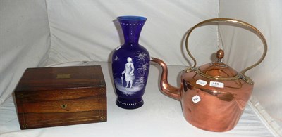 Lot 150 - A copper and brass kettle, a blue glass vase with Mary Gregory style decoration and a rosewood work