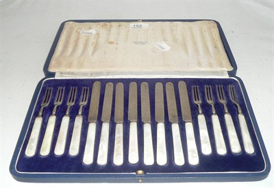 Lot 152 - Set of eight silver and mother of pearl handled fruit knives and forks