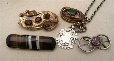 Lot 168 - A silver medal on a guard chain, an agate brooch and Victorian brooches