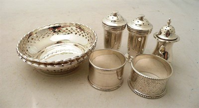 Lot 178 - Two silver bon bon dishes, three pepperettes and two napkin rings