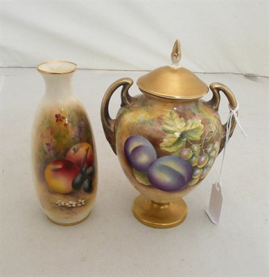 Lot 202 - A Royal Worcester fruit painted twin handled vase and cover by Leaman, also a fruit painted vase by