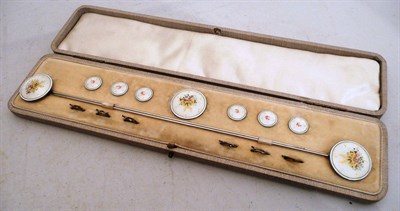 Lot 214 - Silver and enamel, hat pins, button and brooch set, cased