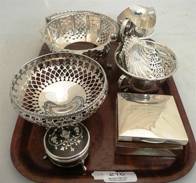 Lot 216 - A silver basket, porringer, two boxes, cream jug, two bonbon dishes and another basket, 21oz