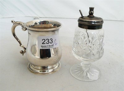 Lot 233 - A silver mug, Chester 1913, 4oz, together with a cut glass and silver mounted mustard pot