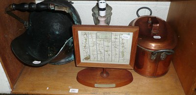 Lot 241 - Copper coal helmet, two alabaster lamps, copper fish kettle and a framed map
