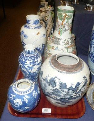 Lot 262 - Two Chinese blue and white vases, two ginger jars and a famille verte vase (a.f.) (5)