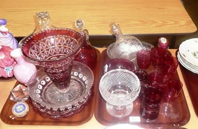 Lot 267 - Two trays of glassware including cranberry, paperweight etc
