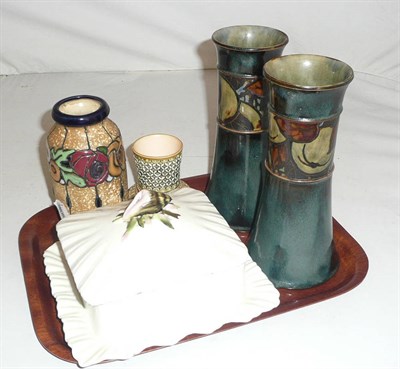 Lot 274 - Pair Doulton vases, amphora vase, small German vase and a sardine dish