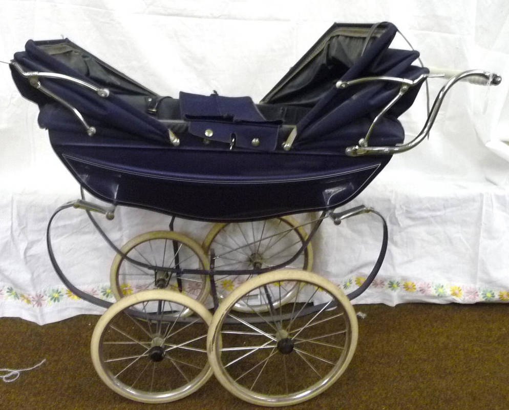 Lot 1013 - Silver Cross Navy Blue Canvas Double Dolls Pram