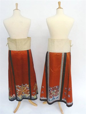 Lot 1160 - Late 19th/Early 20th Century Chinese Red Silk Pleated Skirt, embroidered with a five clawed...