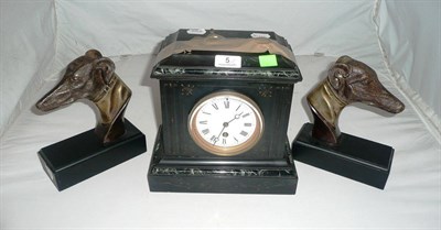 Lot 5 - Black slate mantel clock and a pair of cast metal greyhound bookends (3)