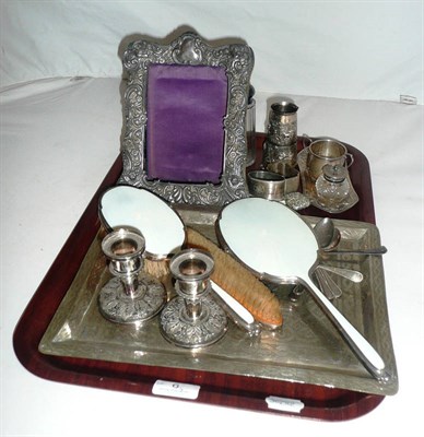 Lot 6 - A quantity of silver and white metal, including Eastern tray, three piece enamel-backed...