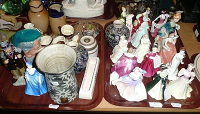 Lot 7 - Two trays of decorative ceramics including Coalport figurines, two Doulton stoneware jugs, Wade etc