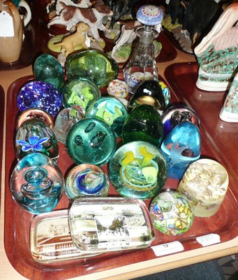 Lot 9 - A tray of glass paperweights including two dumps, a millefiori scent bottle etc