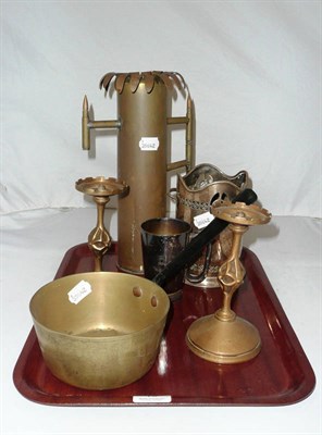 Lot 15 - A Trench Art brass vase, a pan, a pair of candlesticks, a coaster and a mug
